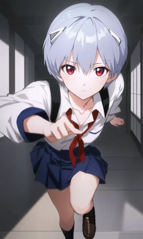 masterpiece portrait of Rei Ayanami \(evangelion\), evangelion \(Hideaki\), caustics, textile shading, high resolution illustration, red eyes, feminine, no pupils, blue hair, short hair, japanese school uniform, loafers, detailed school, japanese school hallway, grim, dark, dystopian, armed with a gun, ((dynamic pose)), running