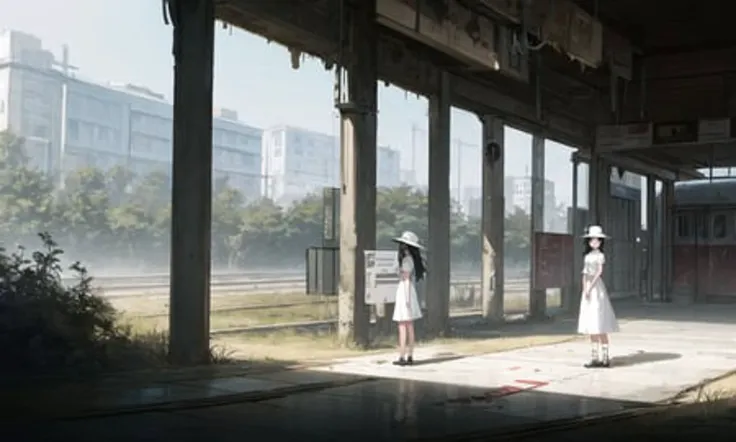 An abandoned train station, a young girl standing on the grass in the distance, white dress, white hat, back, illustration