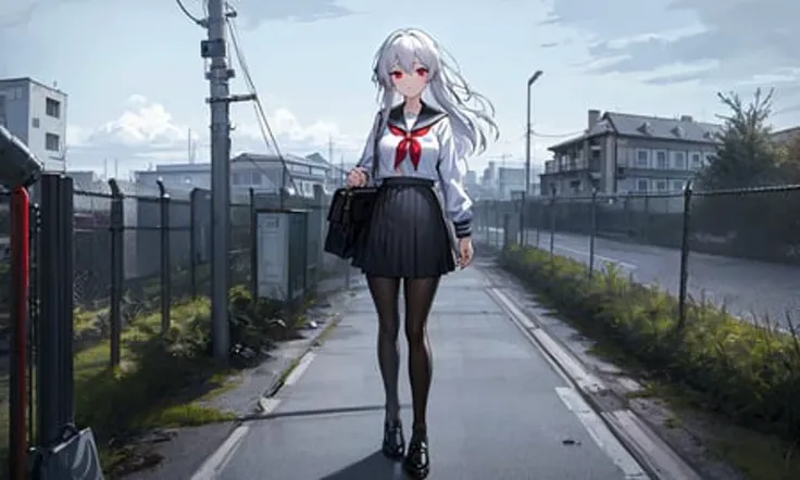 ((masterpiece, best quality)),a girl, solo, skirt, standing,sky,pantyhose,cloud,outdoors,day, bangs, fence,rooftop, long hair, ((black pantyhose)), white hair, school uniform, white sailor collar, red eyes,red neckerchief, blue sky,looking at viewer, closed mouth,chain-link fence, pleated skirt, cloudy sky, trash can,full body