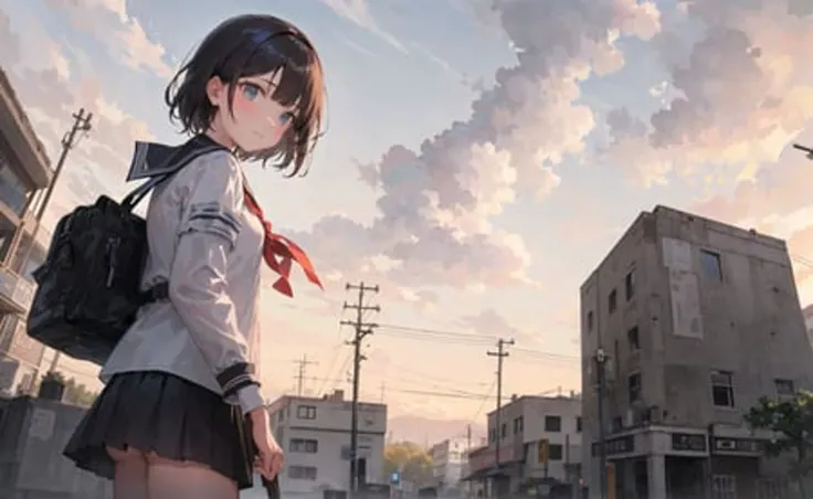 ((masterpiece,best quality)),1girl, from below, solo, school uniform, serafuku, sky, cloud, black hair, skirt, sailor collar, looking at viewer, short hair, building, bangs, neckerchief, long sleeves, cloudy sky, power lines, shirt, cityscape, pleated skirt, scenery, blunt bangs, city, night, black sailor collar, closed mouth, black skirt, medium hair, school bag , holding bag