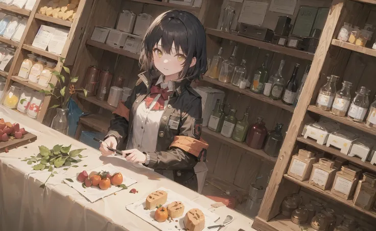 ((masterpiece,best quality)), 1girl, food, fruit, solo, skirt, shop, indoors, jacket, shopping, basket, jewelry, shirt, shelf, short hair, black hair, plaid skirt, black jacket, dutch angle, yellow eyes, looking at viewer