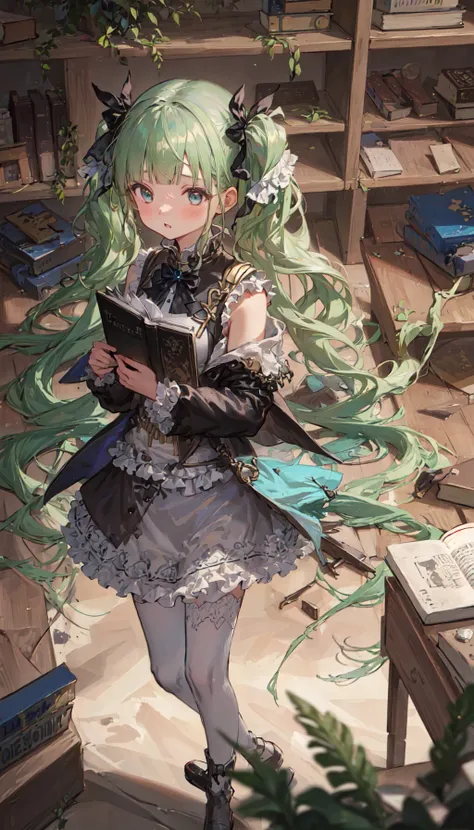 masterpiece, best quality, 1girl, cowboy shot, standing, blunt bangs, long hair, twintails, green hair, dress, frills, indoors, bookshelf, book, scroll, blurry background, <lora:stylized-03:0.8>