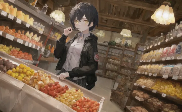((masterpiece,best quality)), 1girl, food, fruit, solo, skirt, shop, indoors, jacket, shopping, basket, jewelry, shirt, shelf, short hair, black hair, plaid skirt, black jacket, dutch angle, yellow eyes, looking at viewer