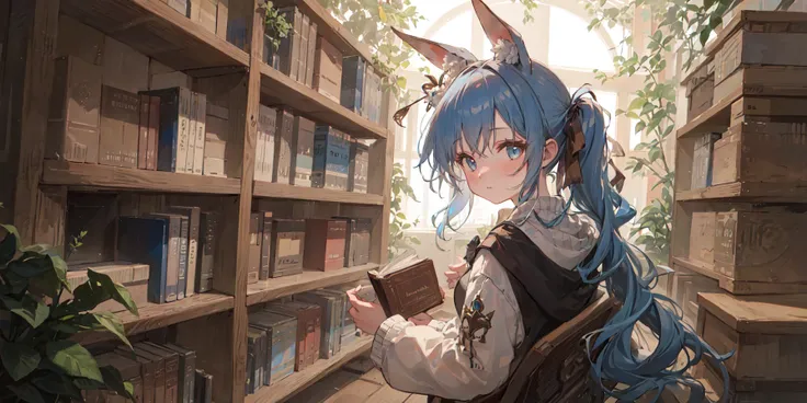 masterpiece, best quality, 1girl, portrait, standing, swept bangs, long hair, twintails, blue hair, sweater, fluffy, indoors, bookshelf, book, scroll, blurry background, shaftheadtilt, (head tilt), looking back, <lora:stylized-03:0.6>