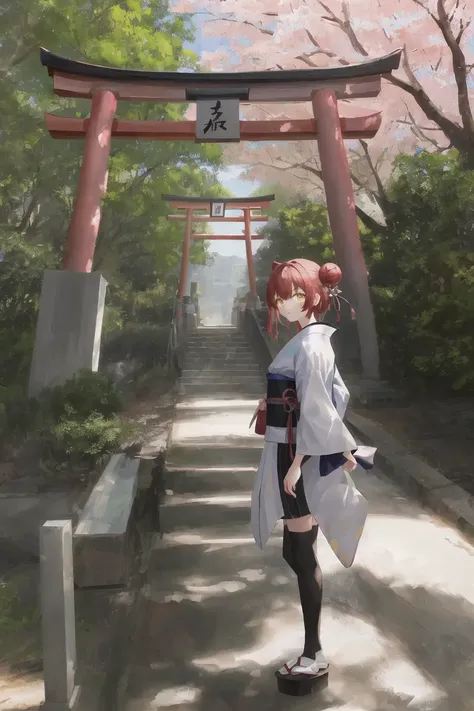 ((masterpiece,best quality)),2girls, black kimono, black legwear, black ribbon, black hair, cherry blossoms, day, flower, hair bun, hair ribbon, japanese clothes, kimono, long hair, looking at viewer, looking back, multiple girls, obi, outdoors, red eyes, red hair, ribbon, sandals, single hair bun, stairs, standing, statue, torii, tree, white kimono, yellow eyes