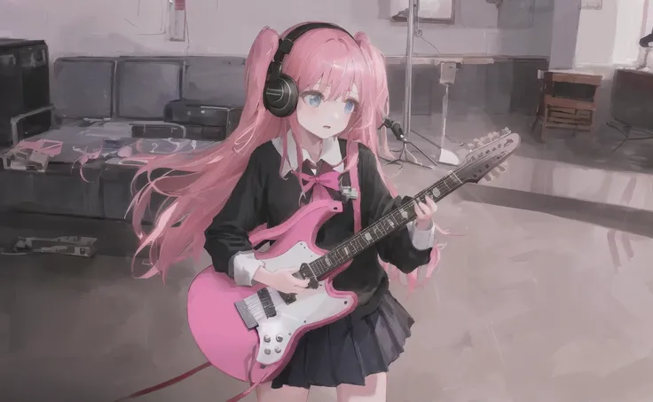 ((masterpiece,best quality))1girl, solo, black skirt, blue eyes, electric guitar, guitar, headphones, holding, holding plectrum, instrument, long hair, , music, one side up, pink hair, playing guiter, pleated skirt, black shirt, indoors