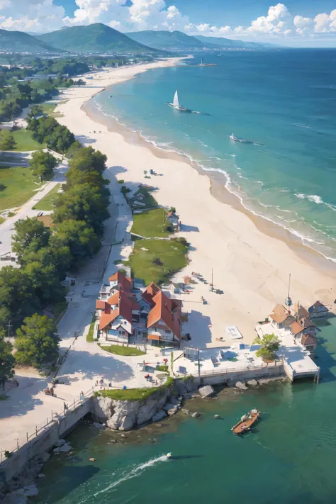 (masterpiece, best quality:1.1), bird's eye view, asymmetrical, blue ocean, low tide, sea waves, coastal road, sandy beach, piers, sailboats, yachts, ship wake, contrail, cars, tourists, lighthouse, seagulls, horizon, breeze, summer, morning, sunny, cloud, calm, fresh air, depth of field