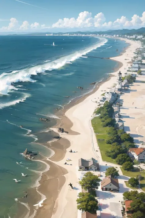 (masterpiece, best quality:1.1), bird's eye view, asymmetrical, blue ocean, low tide, sea waves, coastal road, sandy beach, piers, sailboats, yachts, ship wake, contrail, cars, tourists, lighthouse, seagulls, horizon, breeze, summer, morning, sunny, cloud, calm, fresh air, depth of field