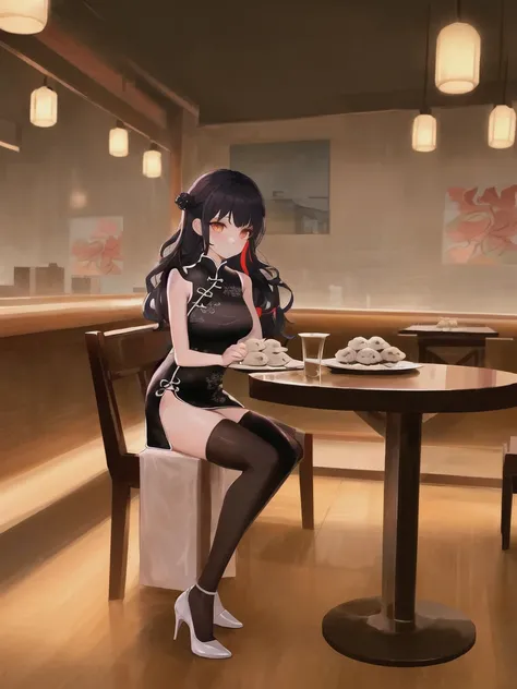 (best quality, masterpiece,extremely detailed),1 girl in chinese restaurant,Steamed Dumplings on table,(beautiful girl,4K,cyberpunk,colorful),chinese dress,long dress,long leg,long hair, inside,night,Studio Lighting,HDR,solo focus,upper body,sitting, stiletto heels,thighhighs,