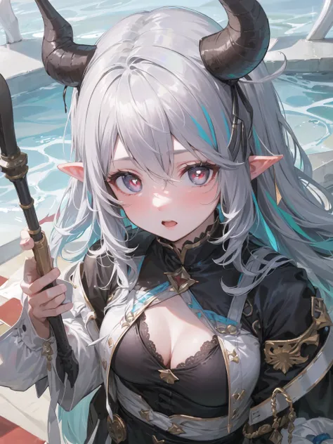 ((masterpiece, best quality)), 1girl, (mature female:1.4), 130mm f1.4 lens, 1girl, solo, pointy ears, heart-shaped pupils, microdress, from above, demon girl, flat chest, demon wings, saturated, colorful, multicolored hair, silver hair, bleu hair, multicolored eyes