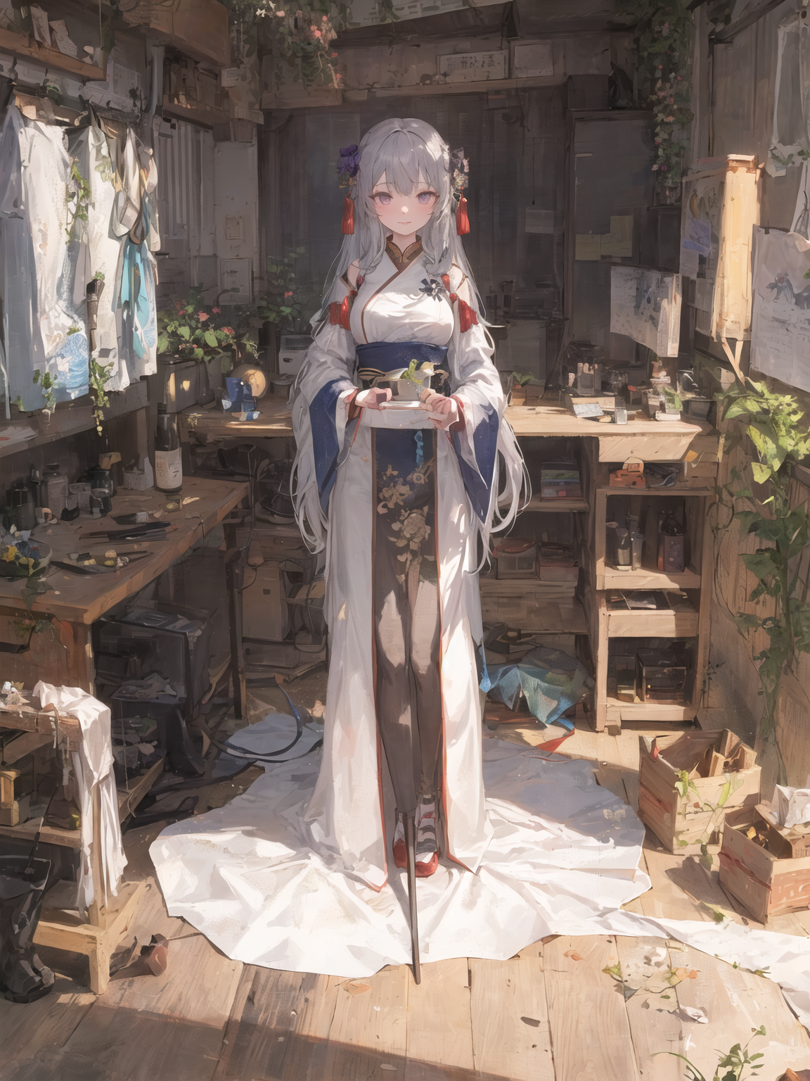 Anime - style woman in a white dress holding a sword in a room - SeaArt AI