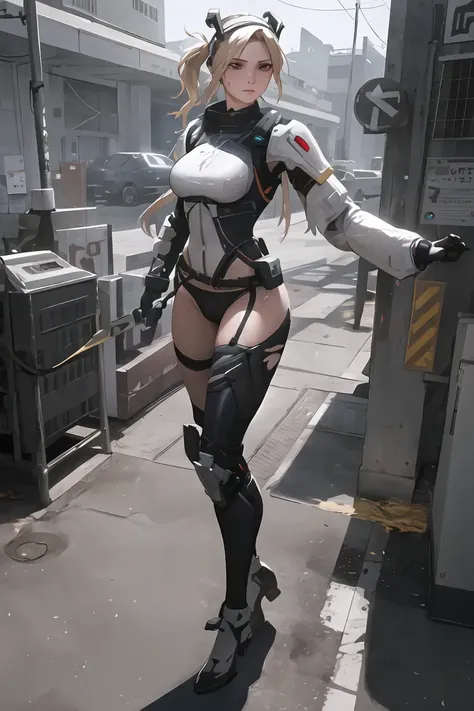 (8k, RAW photo:1.2), (realistic, photo-realistic:1.5), highest quality, best quality, masterpiece, highly detailed,

1girl,  ([Mercy from Overwatch : Gal Gadot:0.6]) is a y  [voluptuous]  futuristic ninja assin android, intense strikingly beautiful glowing eyes,
(damaged and torn and ripped outfit:1.2),
neon lighting, cyborg arms, cybernetic implants, tactical militech wear,
(tight skimpy latex combat outfit), headgear, mesh sheer bodysuit armour, (circuitry), (cameltoe:1.2), thigh-high stilettos, hip window, boob window,
seductive pose, beautiful face,
giant power chainsword, assaulifle, kitana, tanto, dagger,

night in erpunk Tokyo city, night city, ftop skyscraper, (bloodstains, viscera, blood spray:0.7),
(corneo_runny_makeup:0.7),

Cerulean and Burnt Umber colour palette,
Translucency , Ambient occlusion,
artstation