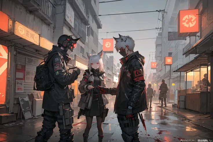 ((masterpiece, hyperdetailed, intricate details, best quality)), cyberpunk night city, modern dark cyberpunk cars, night street, night lamp, (night light:1.2), (girl in cyberpunk dark very tech outfit:1.3), cyberpunk eyes, neon light, walking on dark street, after mission, blood on outfit, blood on katana, (without a smile:1.3), cold face, (cyberpunk japanese ninja mask:1.3), strong dark colors, cold contrast, (very contrasted shadows:1.3), night killer, dead inside, (black red squad:1.3), (2boys, 2girls:1.4), (black pantyhose, white pantyhose:1.3), (cyberpunk armor on boys:1.3), money, scary mask, (animal ears:1.2), (white hair:1.2), (red hair, black hair:1.1), (medium breast, small breast:1.4), (knife in a holster:1.3), cyberpunk guns, scary background, (post-apocalypse cyberpunk:1.3),