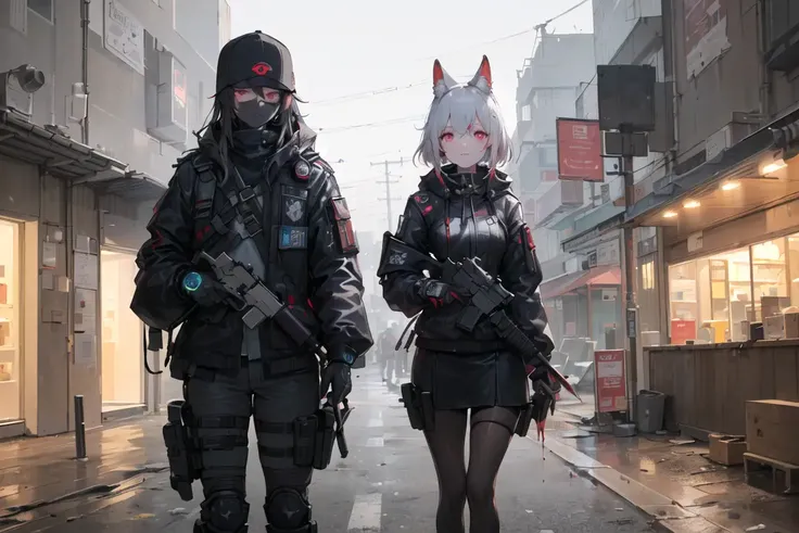 ((masterpiece, hyperdetailed, intricate details, best quality)), cyberpunk night city, modern dark cyberpunk cars, night street, night lamp, (night light:1.2), (girl in cyberpunk dark very tech outfit:1.3), cyberpunk eyes, neon light, walking on dark street, after mission, blood on outfit, blood on katana, (without a smile:1.3), cold face, (cyberpunk japanese ninja mask:1.3), strong dark colors, cold contrast, (very contrasted shadows:1.3), night killer, dead inside, (black red squad:1.3), (2boys, 2girls:1.4), (black pantyhose, white pantyhose:1.3), (cyberpunk armor on boys:1.3), money, scary mask, (animal ears:1.2), (white hair:1.2), (red hair, black hair:1.1), (medium breast, small breast:1.4), (knife in a holster:1.3), cyberpunk guns, scary background, (post-apocalypse cyberpunk:1.3),