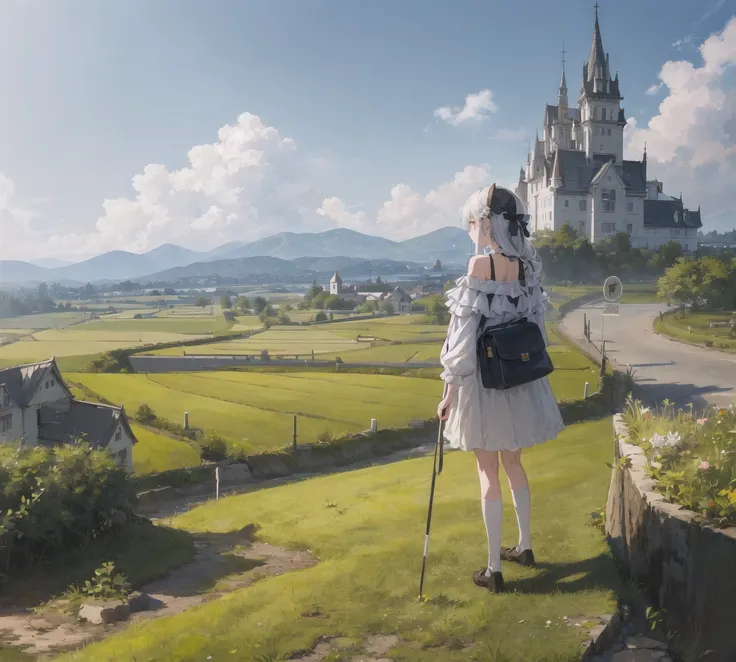masterpiece,highres,extremely detailed CG unity 8k wallpaper, best quality, ultra-detailed,,(best shadow),((2girls)), landscape,flower, off-shoulder dress,long hair,adjusting hair,floating hair,meadow, sunlight,day,cloudy sky,standing,castle,((from behind)), vanishing point ,field, rural, rice paddy,looking at landscape, panorama,overlook,socks,(high contrast:0.8),(((distant view))),blurry foreground,shoulder bag,