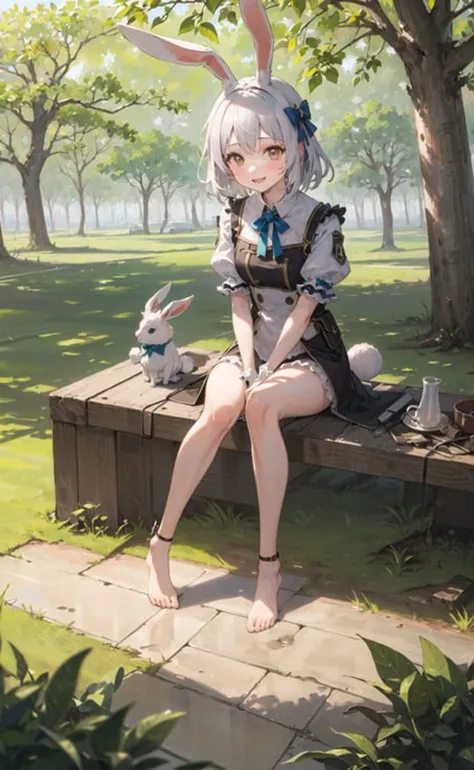 ((masterpiece,best quality)),1girl, solo, animal ears, rabbit, barefoot, knees up, dress, sitting, rabbit ears, short sleeves, looking at viewer, grass, short hair, smile, white hair, puffy sleeves, outdoors, puffy short sleeves, bangs, on ground, full body, animal, white dress, sunlight, brown eyes, dappled sunlight, day, depth of field