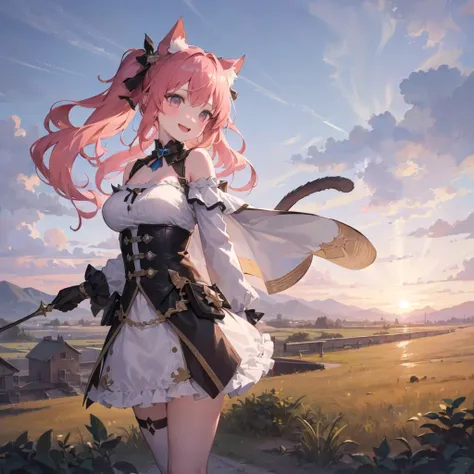 1((masterpiece,best quality,highest quality,illustration,intricate details)),pink and blue hair,ponytails, standing,white off shoulder dress,large breasts, (long hair), 1girl, cat ears,
smile,morning,sunshine,overlook,mountain, panorama, landscape,((distant view)),field, rural, looking at viewer,