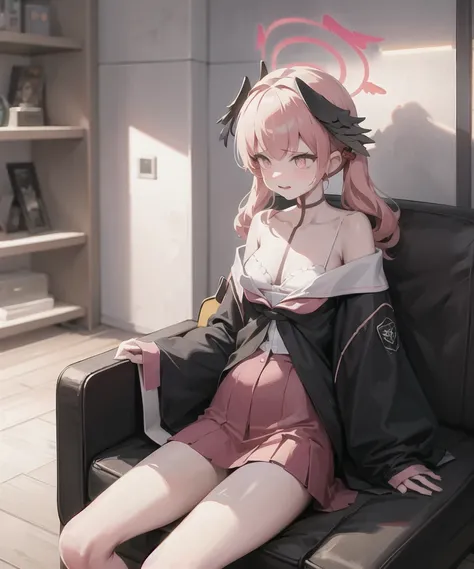 ((masterpiece,best quality)), (full body), <lora:koharuBlueArchive_v3:1>,2girls,masterpiece, perfect face, (thick lines:1.0), (ultra-detailed:1.2), (oil painting:0.9), (extremely detailed CG unity 8k wallpaper:1.2), soft lighting, koharu, 1girl, halo, pink eyes, ringed eyes, head wings, (low wings:1.05), pink hair, blue archive, [small breasts|medium breasts] (pink shirt:1.2), camisole, loose socks, white socks, (black skirt:1.15), looking away, looking to the side