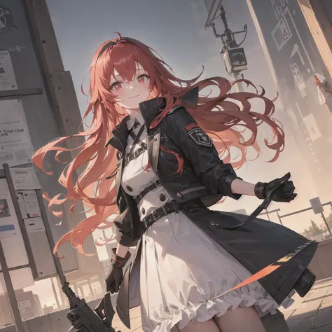((masterpiece,best quality)),1girl, long hair, red hair, solo, dress, red eyes, looking at viewer, long sleeves, standing, building, white dress, gloves, hair order, black jacket, smile, floating hair , dutch angle, closed mouth, looking away,