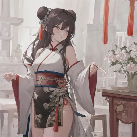 masterpiece,highres,upper body,dramatic angle,female focus,beijing opera,(with arms behind),gorgeous hanfu,wide sleeves,((1 girl)),chinese girl,red pulm,lovely face,detailed eyes,delicate muscle lines,beautiful hands,(single bun),tassels,hairpin,(chinese painting),ink painting,detailed face,sketch,dye,(color watercolor painting),(((illustrations))),beautiful paintings,complicated details,original works,perfect female body,curvy,milf,perfect breasts,(Bare thigh),(bare shoulders),(Bare thigh)