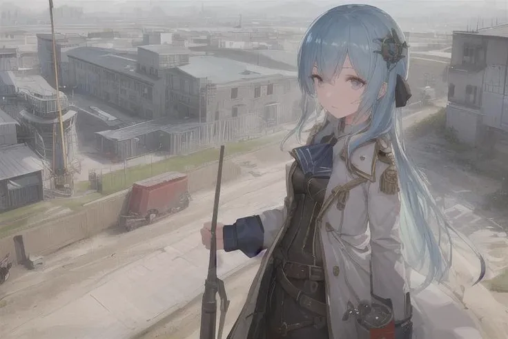 (8k, best quality, masterpiece:1.2),( best quality:1.4), (detailed facial features),( detailed clothes features),( shiny skin), ( slender girl),small breasts, collar,steampunk, empty factory, soldiers, bird's eye view,  blue sky