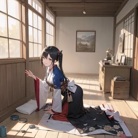 ((masterpiece,ultra-detailed, intricate details, mid quality,illustration)),1girl, solo, highres, looking at viewer, black hair, long hair, side ponytail, smiling, wearing Witch dress, geta, in a shrine, sakura tree, petals falling, shoji door, sunlight shining through, warrior pose, confident expression, heroic, strong, feminine, empowered, traditional, Japanese culture, Eastern aesthetics, elegant, beautiful, detailed, vibrant colors, high contrast, dynamic lighting, realistic textures, traditional painting style, illustration aesthetic