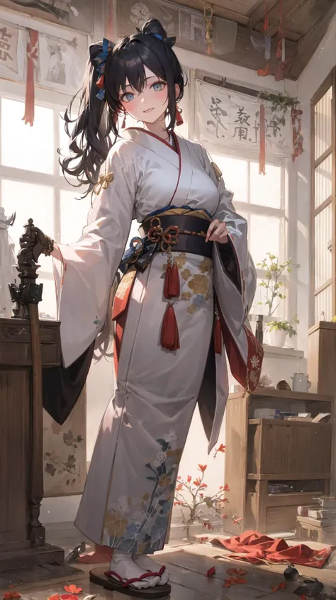 ((masterpiece,ultra-detailed, intricate details, best quality,illustration)),1girl, solo, highres, looking at viewer, blue eyes, black hair, long hair, side ponytail, smiling, wearing traditional Japanese clothing, hakama, uwagi, geta, holding a katana sword, in a Japanese garden, sakura tree, petals falling, shoji door, sunlight shining through, warrior pose, confident expression, heroic, strong, feminine, empowered, traditional, Japanese culture, Eastern aesthetics, elegant, beautiful, detailed, vibrant colors, high contrast, dynamic lighting, realistic textures, traditional painting style, illustration aesthetic