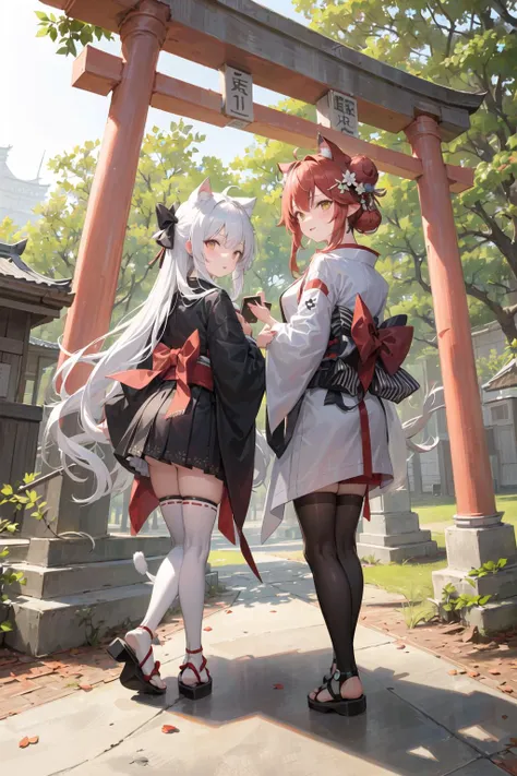 ((masterpiece,best quality)),outdoors, red torii, tree,  stairs,
2girls, miko,miko, looking at viewer, looking back,
red legwear, red ribbon, black hair,cherry blossoms, day, flower, hair bun, hair ribbon, japanese clothes, kimono, long hair, cat ears, small flowers，
multiple girls,  red eyes, red hair, ribbon, sandals, single hair bun, standing,clog sandals,white kimono, yellow eyes,sparkle,thighhighs,
