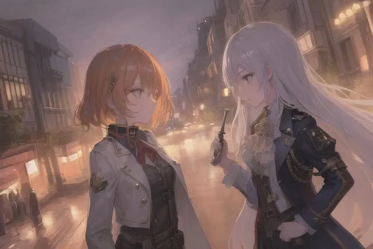 (8k, best quality, masterpiece:1.2),( best quality:1.4), (detailed facial features),( detailed clothes features),( shiny skin), ( slender girl),small breasts, collar,steampunk, night city, empty street, soldiers, Sony 35mm F1.8