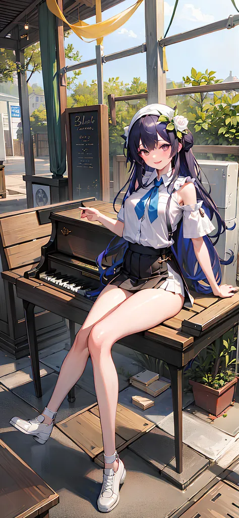 8k,((masterpiece,ultra-detailed, intricate details, mid quality,illustration)),1girl, solo, highres, looking at viewer, brlack hair, long hair, Waves roll, smiling, wearing t-shirt, wearing long White stockings,wearing Short skirt,street, cherry tree, petals falling,play the piano,sunlight shining through, solar system,feminine, empowered, beautiful, detailed,wide shot,