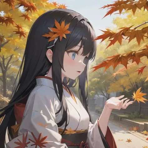 ((masterpiece,best quality)),1girl, bangs, blue eyes, blurry background, branch, brown hair, dappled sunlight, flower, from side, hair flower, hair ornament, japanese clothes, kimono, leaf, (maple leaf:1.9), obi, outdoors, sash, solo, sunlight, upper body