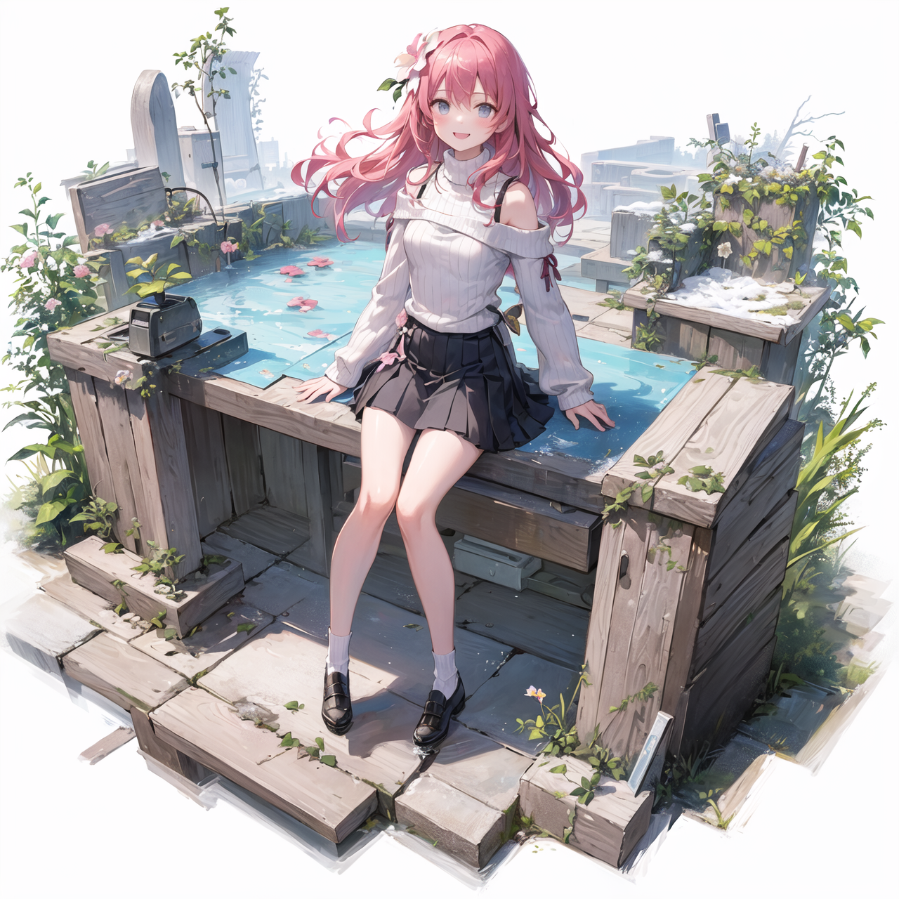 Anime girl sitting on a bench with a pond in the background - SeaArt AI