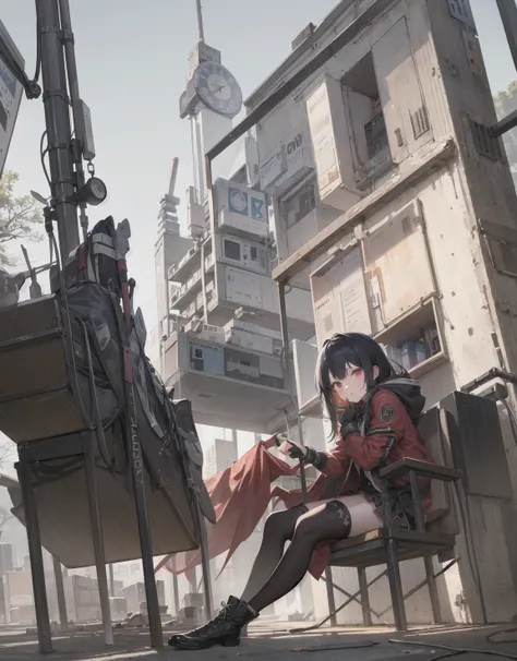 ((masterpiece,best quality)),1girl, from below, solo, hood, black hair, sky, cloud, red eyes, leotard, looking at viewer, building, cloudy sky, power lines, cityscape, scenery, city, night, school bag, fingerless gloves, holding weapon, cloak, boots, pantyhose, thighhighs, neck ribbon, earrings, military uniform,