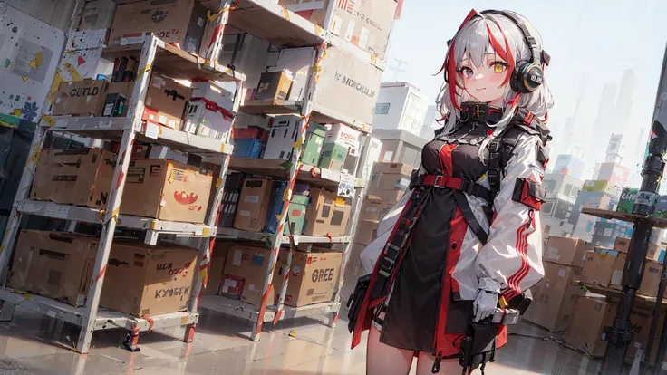 ((masterpiece,best quality)),1girl, long hair,silver hair AND (red streaked hair:1.2),silver hair,solo,white shirt,(black eyes heterochromia yellow eyes),  looking at viewer, long sleeves, standing,gun, building,black dress, gloves, (hair ornament:0.3), headphones,white jacket, smile, floating hair, dutch angle, closed mouth, looking away, outdoors,