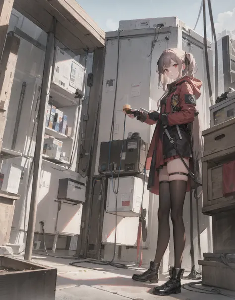 ((masterpiece,best quality)),1girl, from below, solo, hood, black hair, sky, cloud, red eyes, leotard, looking at viewer, building, cloudy sky, power lines, cityscape, scenery, city, night, school bag, fingerless gloves, holding weapon, cloak, boots, pantyhose, thighhighs, neck ribbon, earrings, military uniform,