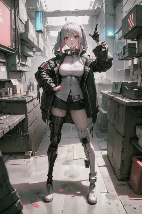 best quality, ultra high res, (photorealistic:1.4), (masterpiece,best quality), 1girl, only 1person, ruins, (cyberpunk:1.4), silver hair, red eyes, breasts, V-sign, white shirt, black Pleated skirt, red jacket, Knee socks, (prosthesis:1.4), standing, film view, Exaggerated Perspective, <lora:koreanDollLikeness_v10:0.3>,