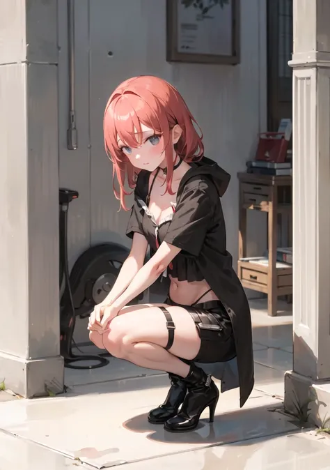 ((8k,masterpiece,best quality)),ultra high res,best shadows,illustration,high detail,extremely detailed,
1girl, girl, (((high heels))), thick tights,solo, looking at viewer, thick legs,extremely wide hips,slutty,curvy, thin waist,cleavage,thigh strap,revealing clothes,revealing outfit,((exposed stomach, squatting,outside)),worried, ((hands on knees))