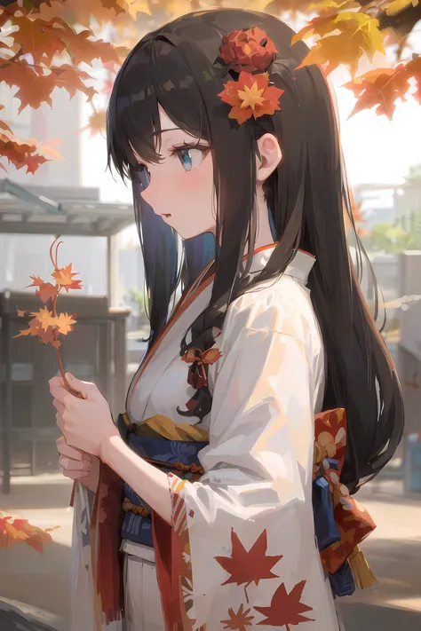 ((masterpiece,best quality)),1girl, bangs, blue eyes, blurry background, branch, brown hair, dappled sunlight, flower, from side, hair flower, hair ornament, japanese clothes, kimono, leaf, (maple leaf:1.9), obi, outdoors, sash, solo, sunlight, upper body