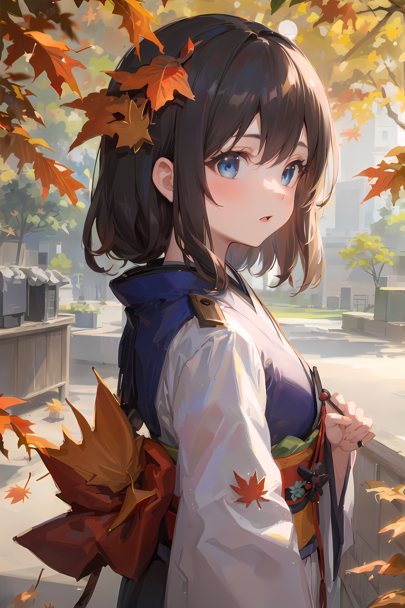 Anime girl with brown hair and blue eyes standing in front of a tree ...