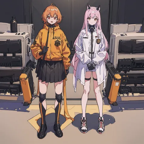 ((high quality)), ((masterpiece)), 8k, 2girls, bulletproof vest, mask, light rays, extremely detailed CG unity 8k wallpaper, game cg, looking at viewer, mask on head, gloves, boots, full body, watch, computer, <lora:LORAFlatColor_flatColor:1>,