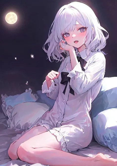 Brilliant Colorful Paintings, illustration,ligne claire,(dreamy),(colorful:1.3),perfect composition, Original Characters, ((((Yawn))), comfutable, Cute Fangs, Windswept Disheveled White Hair, Girl In Loose Pajamas, Sitting On Bed With Soft Pillows, Behind is A Huge Moon And A Sea Of Stars, (Long white Hair:1.1), (close Eye), Masterpiece, Natural Volumetric Lighting And Best Shadows, Deep Depth Of Field, Sharp Focus, Portrait Of Stunningly Beautiful Petite Girl, Soft Delicate Beautiful Attractive Face With Alluring Black Eyes, Lovely Small Breasts, Sharp Eyeliner, Bloom, Picturesque,