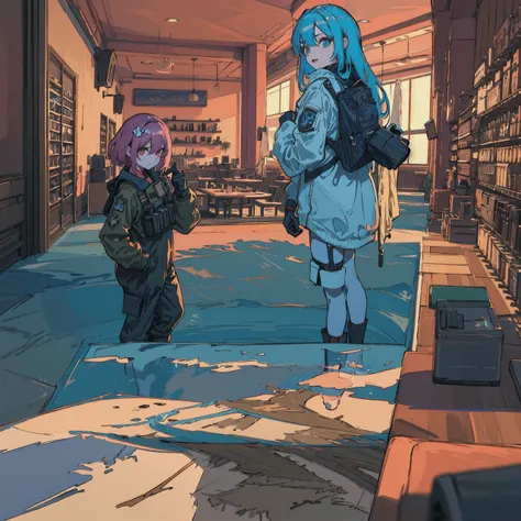((high quality)), ((masterpiece)), 8k, 2girls, bulletproof vest, light rays, extremely detailed CG unity 8k wallpaper, game cg, looking at viewer, gloves, boots, full body, watch, computer, <lora:LORAFlatColor_flatColor:1>, mask, drone, holding weapon, headphones, jacket, bag, backpack,