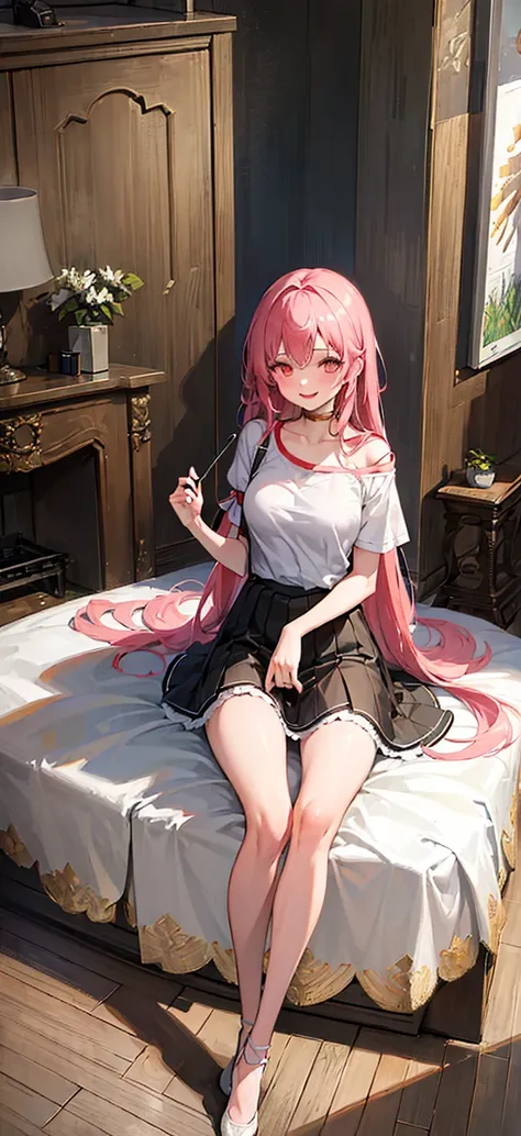 ((masterpiece,ultra-detailed, intricate details, mid quality,illustration)),1girl, solo, highres, looking at viewer, long hair, Waves roll, smiling, wearing t-shirt, wearing long stockings,wearing Short skirt,feminine, empowered, beautiful, detailed, mature female,