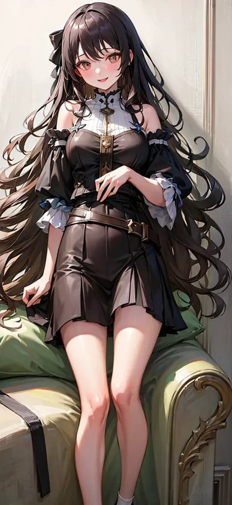 ((masterpiece,ultra-detailed, intricate details, mid quality,illustration)),1girl, solo, highres, looking at viewer, long hair, Waves roll, smiling, wearing t-shirt, wearing long stockings,wearing Short skirt,feminine, empowered, beautiful, detailed, mature female,