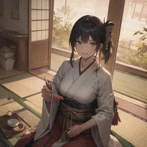 ((masterpiece,ultra-detailed, intricate details, best quality,illustration)),1girl, solo, highres, looking at viewer, blue eyes, black hair, long hair, side ponytail, smiling, wearing traditional Japanese clothing, hakama, uwagi, geta, holding a katana sword, in a Japanese garden, sakura tree, petals falling, shoji door, sunlight shining through, warrior pose, confident expression, heroic, strong, feminine, empowered, traditional, Japanese culture, Eastern aesthetics, elegant, beautiful, detailed, vibrant colors, high contrast, dynamic lighting, realistic textures, traditional painting style, illustration aesthetic