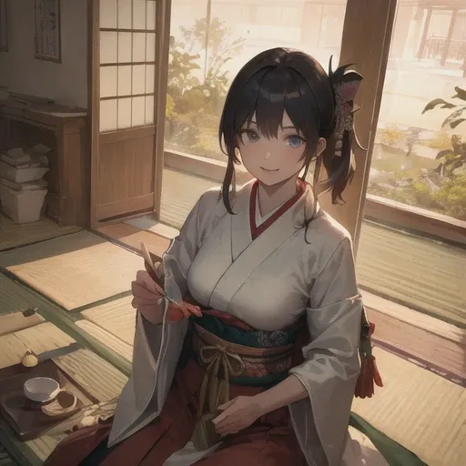 ((masterpiece,ultra-detailed, intricate details, best quality,illustration)),1girl, solo, highres, looking at viewer, blue eyes, black hair, long hair, side ponytail, smiling, wearing traditional Japanese clothing, hakama, uwagi, geta, holding a katana sword, in a Japanese garden, sakura tree, petals falling, shoji door, sunlight shining through, warrior pose, confident expression, heroic, strong, feminine, empowered, traditional, Japanese culture, Eastern aesthetics, elegant, beautiful, detailed, vibrant colors, high contrast, dynamic lighting, realistic textures, traditional painting style, illustration aesthetic