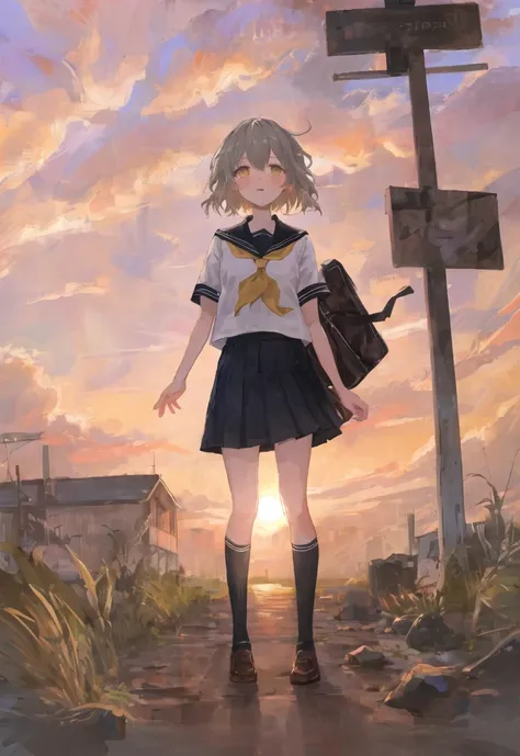 masterpiece, best quality, illustration, sunset, orange sky, school outdoors, 1girl, standing, skinny, detailed messy grey hair, narrowed yellow eyes, bags under eyes, serafuku, high waist black skirt, shame, blush