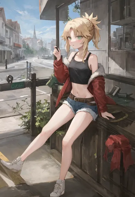 masterpiece, best quality, illustration, city street, 1girl, mordred \(fate\), cowboy shot, skinny, collarbone, detailed blonde hair ponytail braid, green eyes, red leather jacket, white crop top, denim shorts