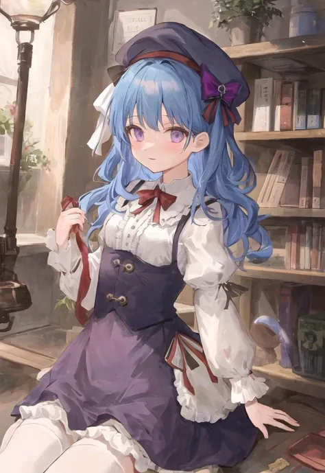 Masterpiece, best quality, best work,(1girl blue hair), (mob cap), purple eyes, blonde hair, purple dress, Victorian dress, bloomers, curvy, medium breasts,