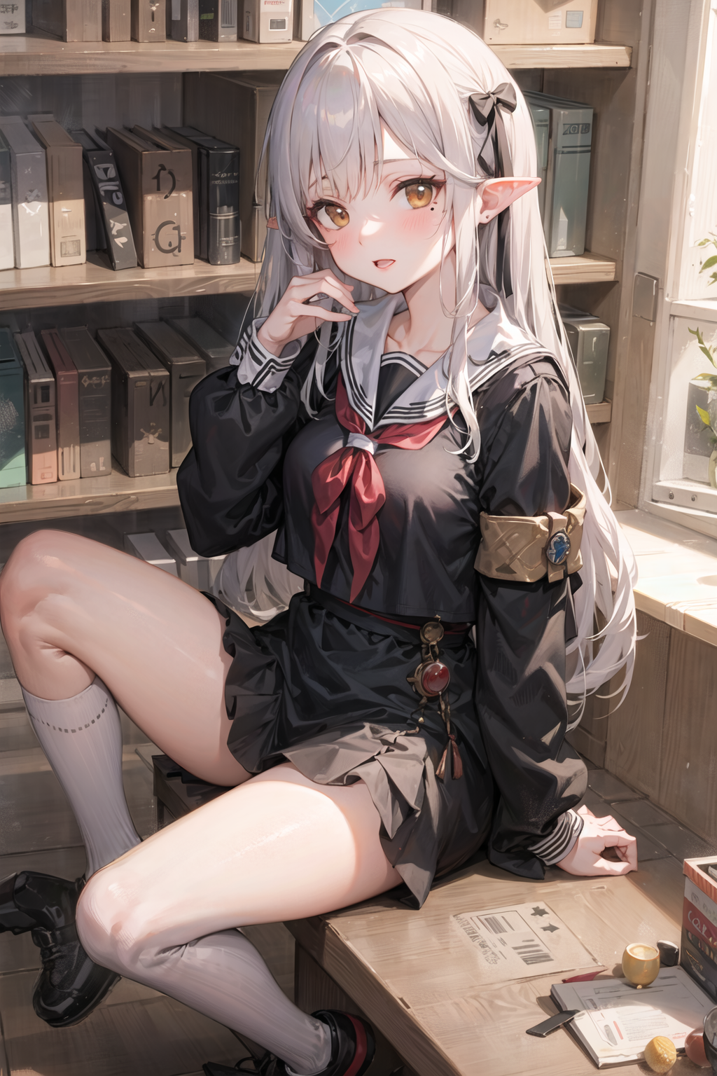 Anime girl sitting on a table with a bookcase in the background - SeaArt AI